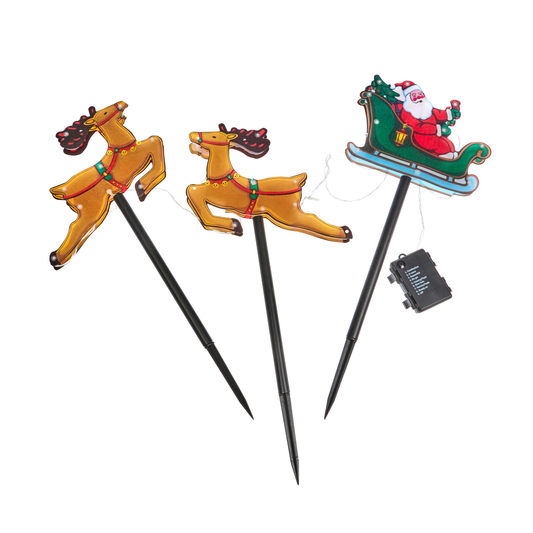 Santa Sleigh Stakes – Warm White LED Christmas Path Lights (Battery Powered, Outdoor Decoration)