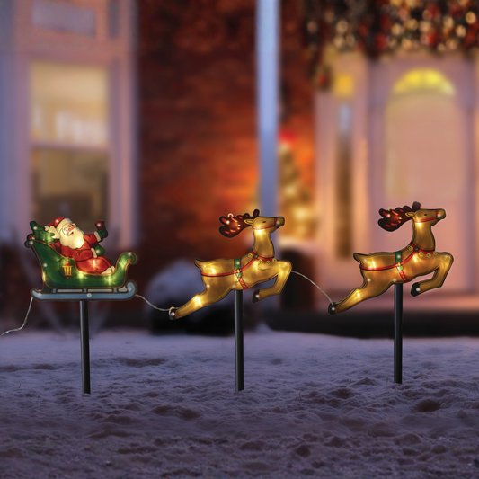 Santa Sleigh Stakes – Warm White LED Christmas Path Lights (Battery Powered, Outdoor Decoration)