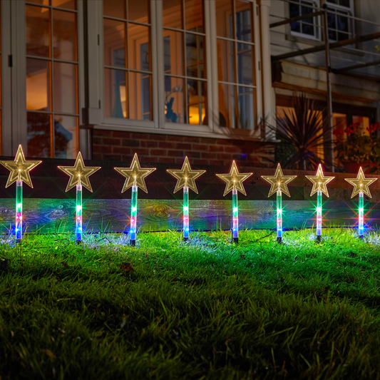 StarDecor Garden Stakes – Set of 8 Multi-Coloured Star Decorations for Outdoor & Indoor Displays